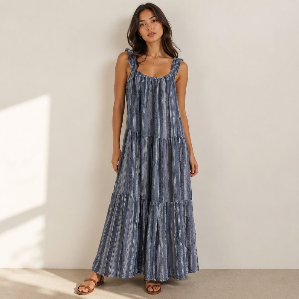 Ecothreads blue striped sun dress sustainable Large Beachy boho